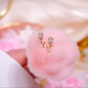 Gold Tone Crystal Rose Stud Earrings with Pearl Drop Floral Dangle NWT